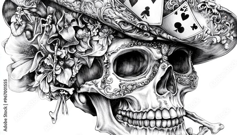 Fototapeta premium Fantasy illustration featuring a decorated skull with an ace of spades design complete with a hat accessories and crossbones intricately rendered in black and white