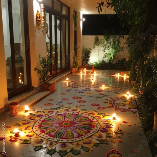 A colorful rangoli pattern illuminated with candles on the patio of a modern home. photo