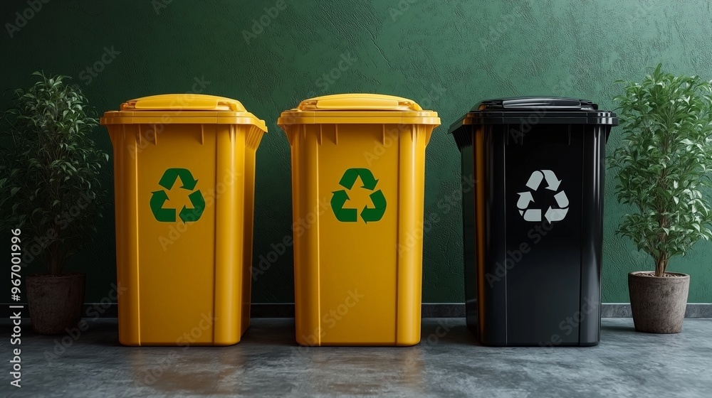 Three Recycling Bins in a Minimalist Setting with Green Background, Symbolizing Eco-Friendly Practices and Environmental Responsibility, Yellow and Black Bins for Waste Sorting