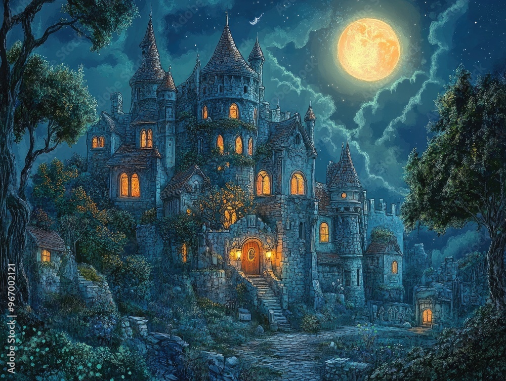 Fototapeta premium Enchanting nighttime landscape featuring a whimsical castle