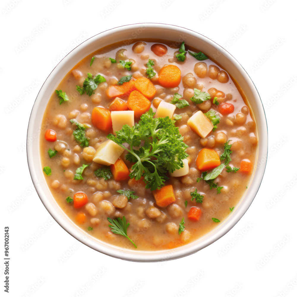 Lentil Chowder on white bowl top view isolated on transparent background Lentil Chowder on white bowl top view isolated on transparent background
