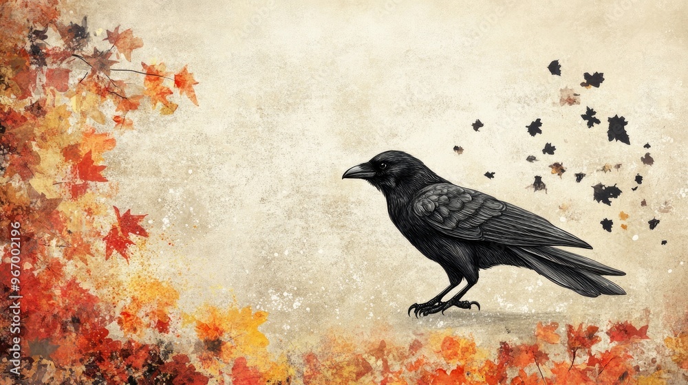 Fototapeta premium Fantasy raven amidst autumn foliage with falling leaves hand drawn illustration on textured paper