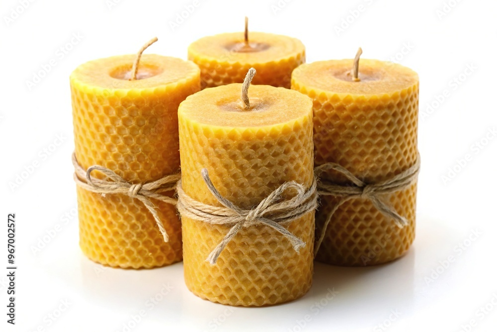 Three beeswax candles tied with twine on a white background natural wax Three beeswax candles tied with twine on a white background natural wax