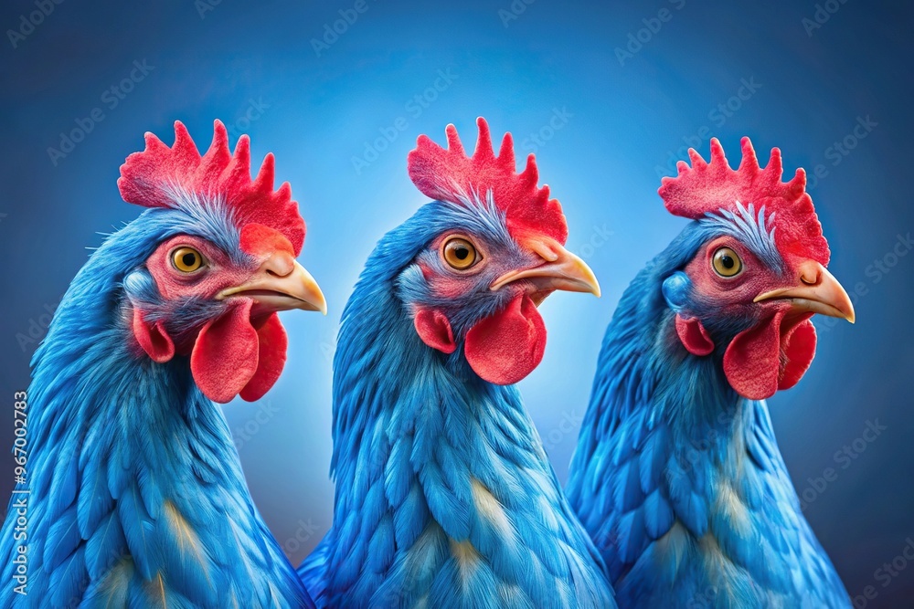 Fototapeta premium Three blue chickens with red combs on plain studio background