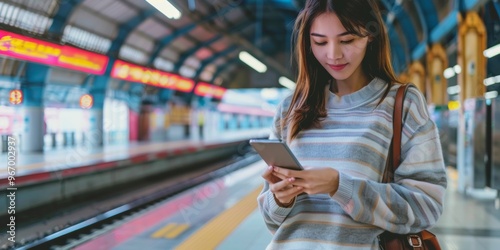 woman holding a cellphone next to the train tracks at the station, for promotional purposes regarding train transportation photo