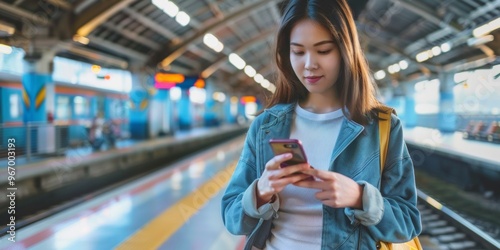 woman holding a cellphone next to the train tracks at the station, for promotional purposes regarding train transportation photo