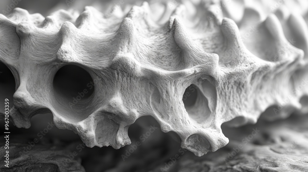 Close-up of a textured, spiky bone structure in monochrome. Close-up of a textured, spiky bone structure in monochrome.