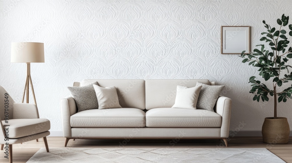 Cozy modern living room interior mockup featuring a sofa armchair and lamp against a patterned white wall 3D rendered Cozy modern living room interior mockup featuring a sofa armchair and lamp against a patterned white wall 3D rendered