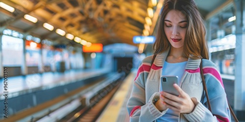 woman holding a cellphone next to the train tracks at the station, for promotional purposes regarding train transportation photo