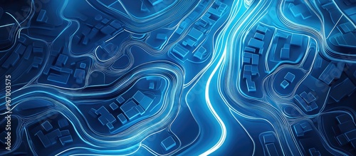 Stylized street map design featuring white lines on an abstract blue background illuminated by two light sources Top flat view 3D render illustration