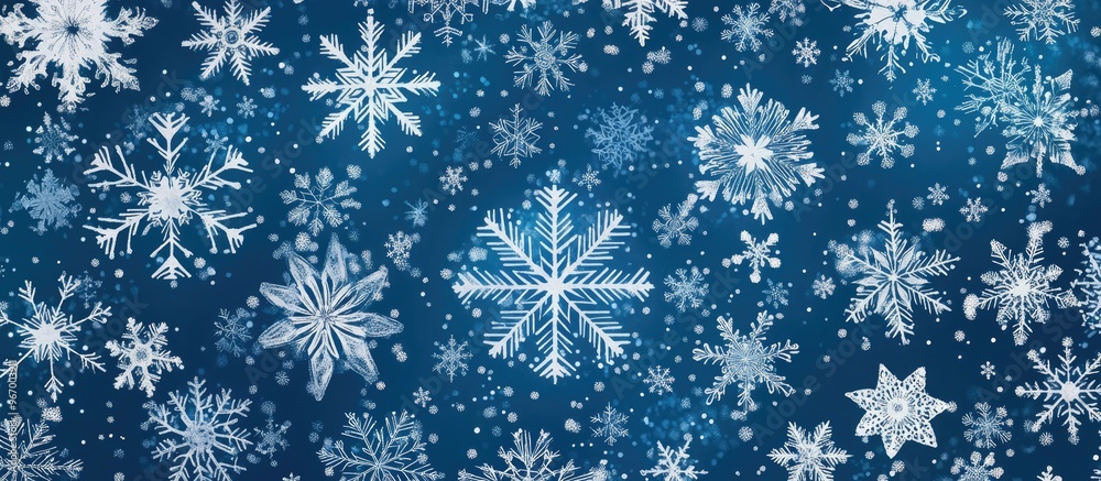 Ornamental snowflake pattern in a flat design style Raster illustration featuring an abstract background with various snowflakes Ornamental snowflake pattern in a flat design style Raster illustration featuring an abstract background with various snowflakes