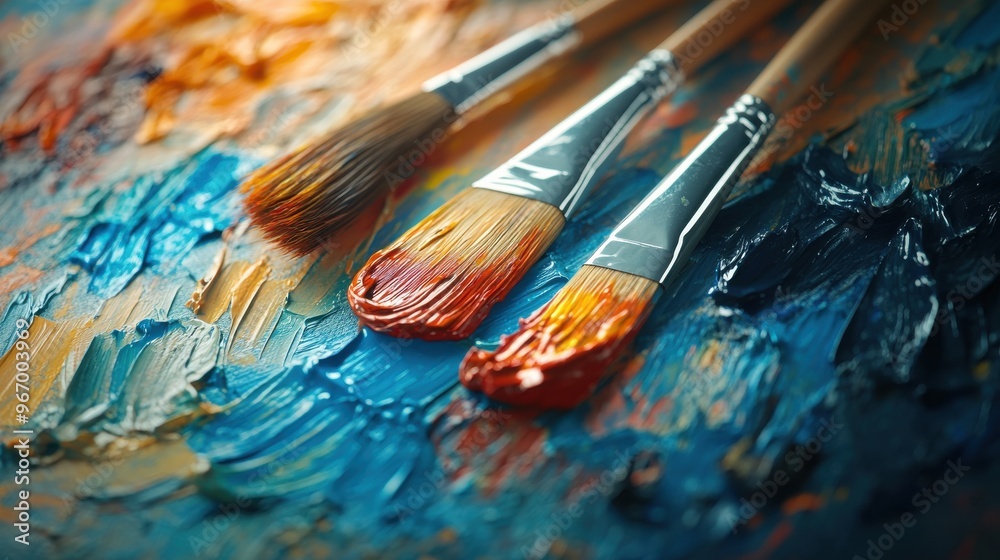 Fototapeta premium Vibrant Paintbrushes on a Colorful Palette