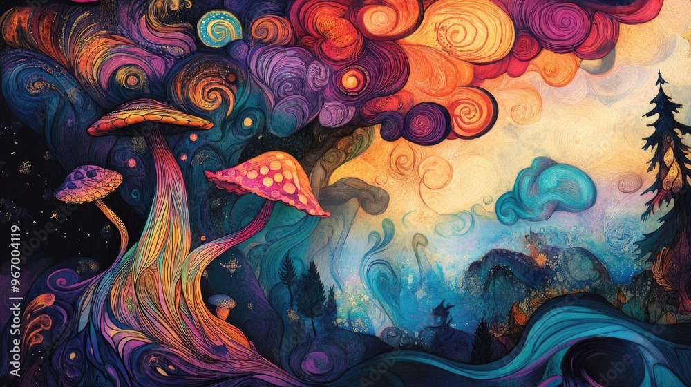 Whimsical and enchanting hand drawn illustration featuring vivid colors and elements that inspire feelings of mystery magic and the supernatural Whimsical and enchanting hand drawn illustration featuring vivid colors and elements that inspire feelings of mystery magic and the supernatural
