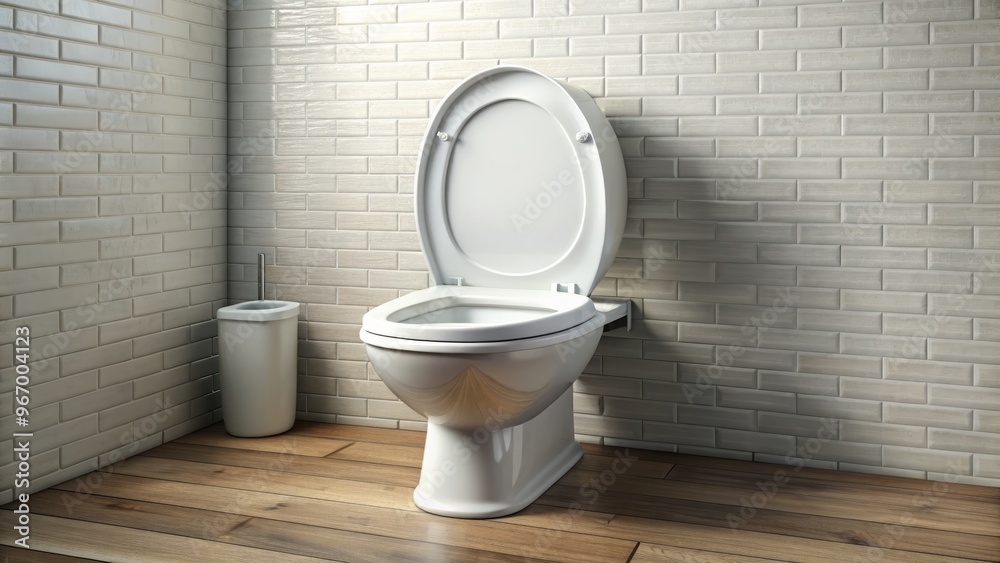 A pristine white ceramic toilet with its lid ajar welcomes the user to a sparkling clean bathroom stall, A pristine white ceramic toilet with its lid ajar welcomes the user to a sparkling clean bathroom stall,