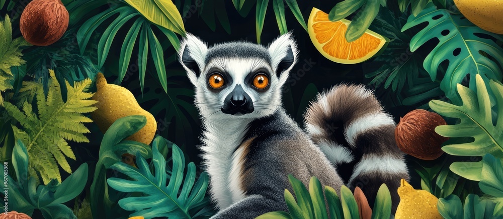 Fototapeta premium Adorable illustration of a ring tailed gray lemur surrounded by tropical leaves and fruits