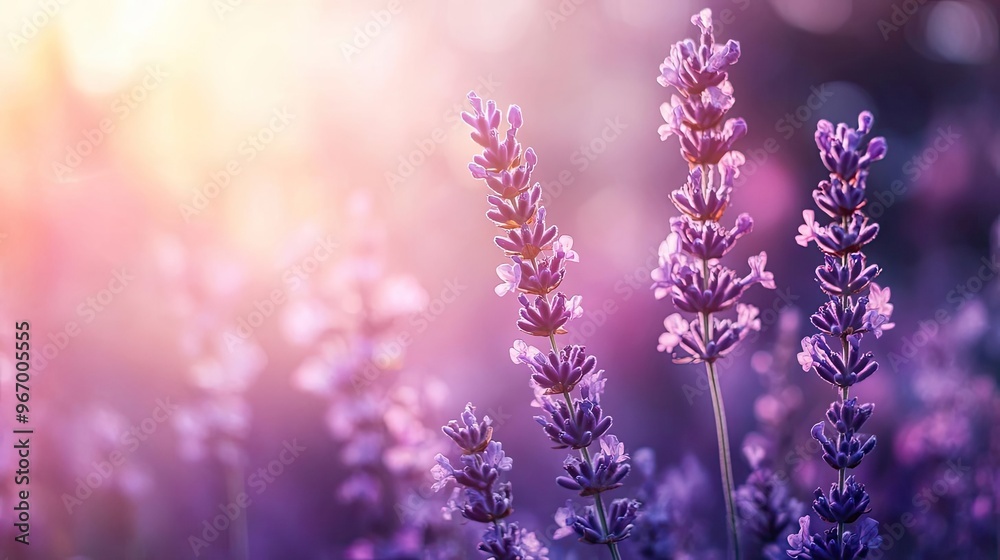 Naklejka premium A serene lavender field bathed in soft sunlight, showcasing delicate purple flowers and a dreamy, calming atmosphere.