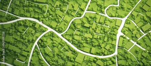 Stylized map of streets featuring white lines on a green background Aerial flat view in a 3D render illustration