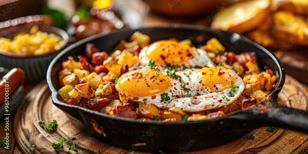 Scrambled Eggs on Corned Beef Hash with Breakfast Links and Potato Wedges Scrambled Eggs on Corned Beef Hash with Breakfast Links and Potato Wedges