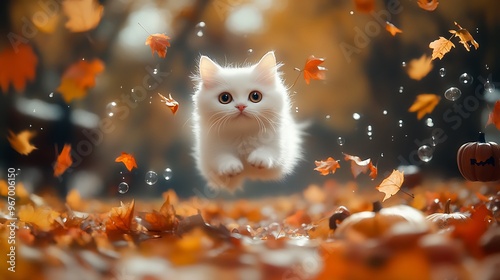 An adorable white kitten leaps playfully through a pile of autumn leaves.