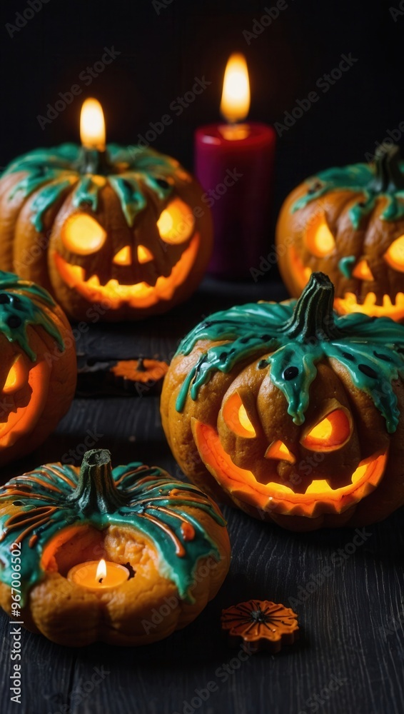 Three pumpkins with glowing eyes sit on a black plate on a wooden table Three pumpkins with glowing eyes sit on a black plate on a wooden table