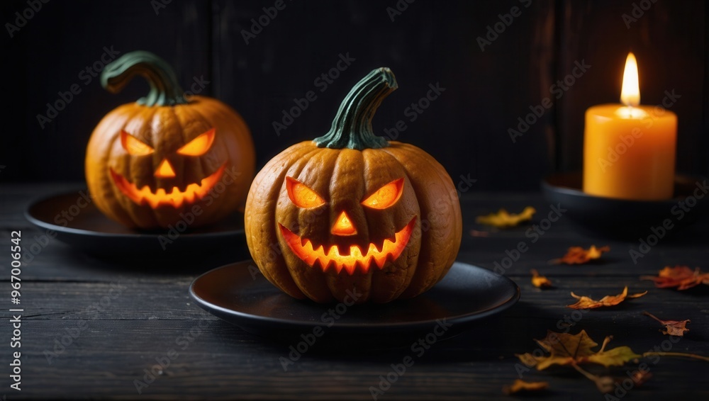 Fototapeta premium Two pumpkins with glowing eyes sit on a black plate on a wooden table