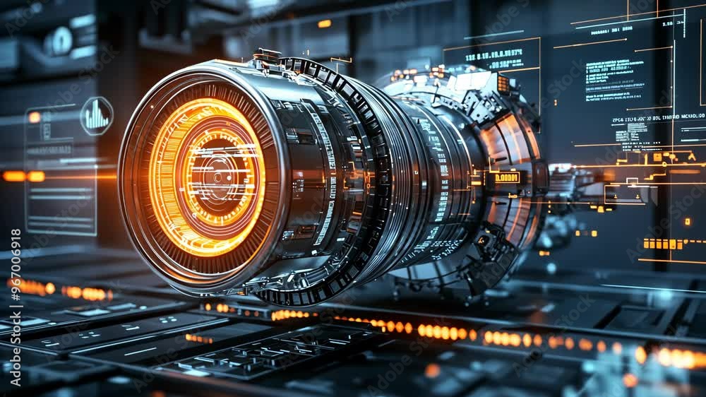 Exploring a futuristic turbine engine design with advanced technology and glowing components in a high-tech environment Exploring a futuristic turbine engine design with advanced technology and glowing components in a high-tech environment