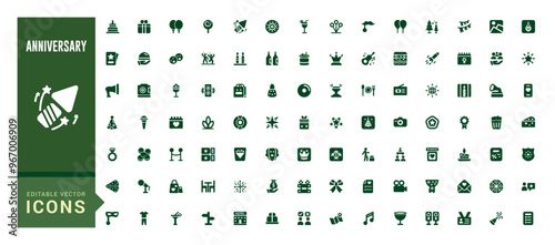 Anniversary icon set. Party, celebration, filled icons pack. Birthday, filled icon set, glyph icon set for web and ui. Solid icon set. Vector illustration.