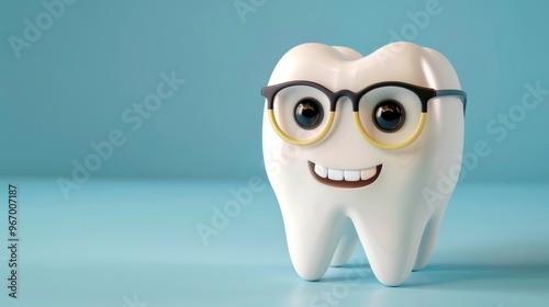 3d cartoon smiling teeth wearing glasses, with blue background with space area, for dental health promotion photo