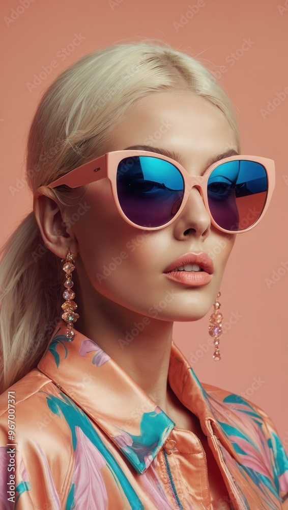 A blonde Caucasian woman wearing a pink jacket and sunglasses with blue lenses A blonde Caucasian woman wearing a pink jacket and sunglasses with blue lenses