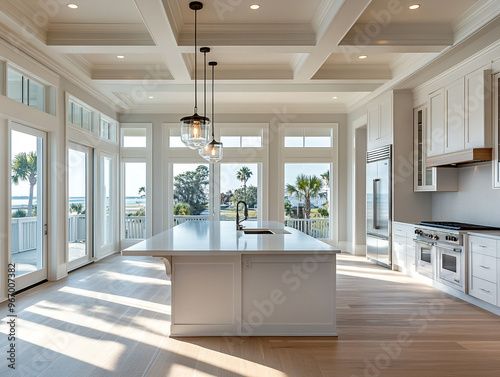 Bright open kitchen, white island, recessed lighting, large windows.