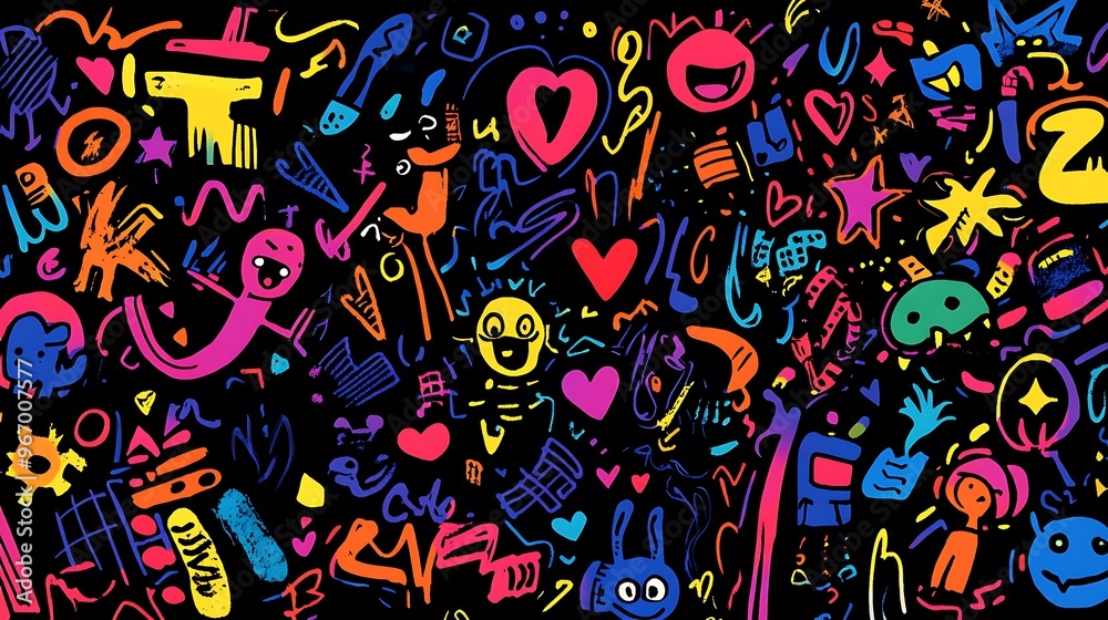 Abstract Colorful Doodle Art with Geometric Shapes and Characters Abstract Colorful Doodle Art with Geometric Shapes and Characters