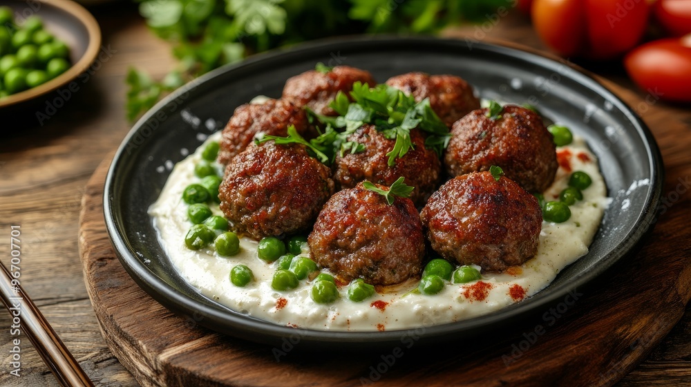 Hasanpasa Kofte, or meatballs with puree, bechamel sauce, and green peas, is a type of Turkish cuisine. Customized Cuisine.
