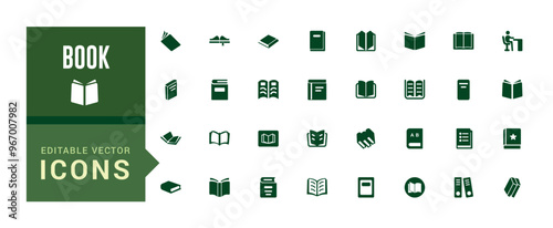 Book icon collection. Related to library, read, author, reading, e-book and more. Filled icon set, glyph icon set for web and ui. Editable stroke. Solid icon set.