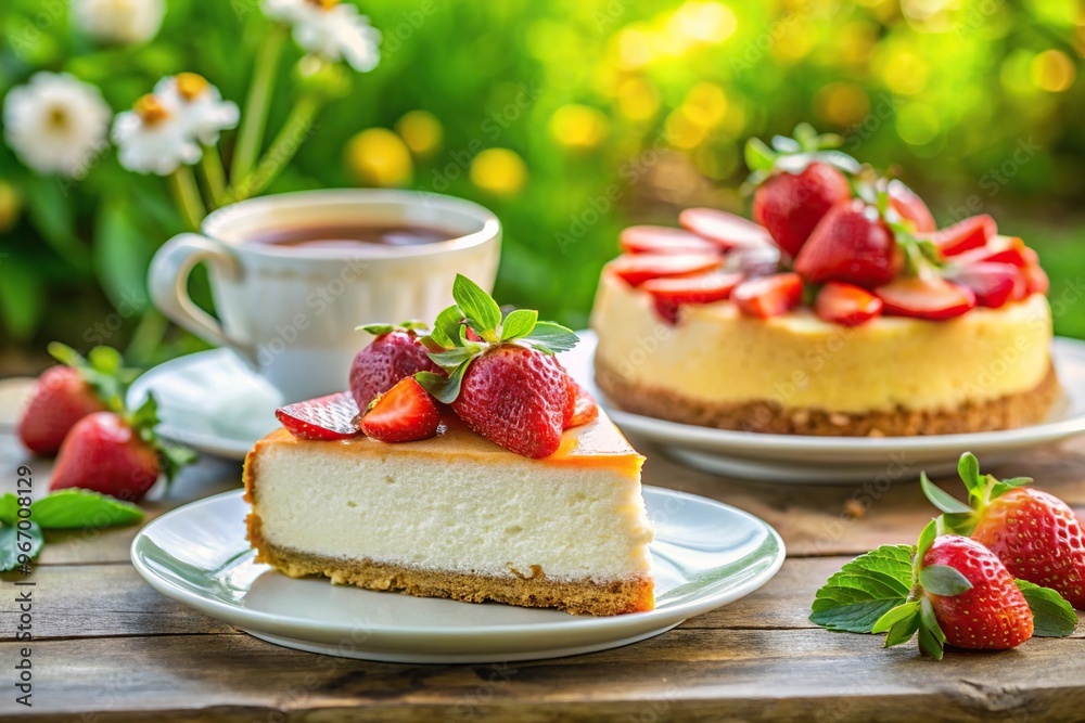 Tilted angle cheesecake with fresh strawberries homemade dessert with tea in summer garden Tilted angle cheesecake with fresh strawberries homemade dessert with tea in summer garden