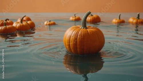 A bunch of pumpkins floating in a pool of water and creating a ripple