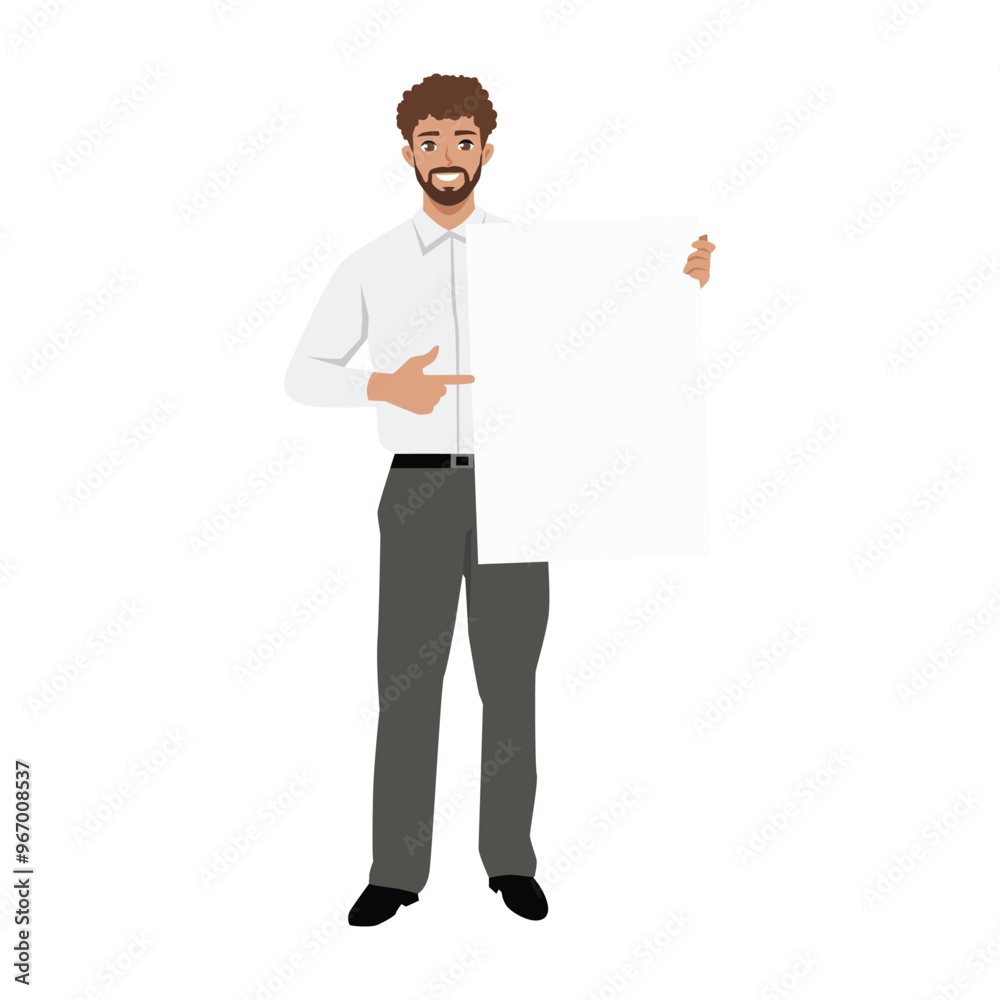 Man holding and pointing at empty banner. Flat vector Character illustration Man holding and pointing at empty banner. Flat vector Character illustration