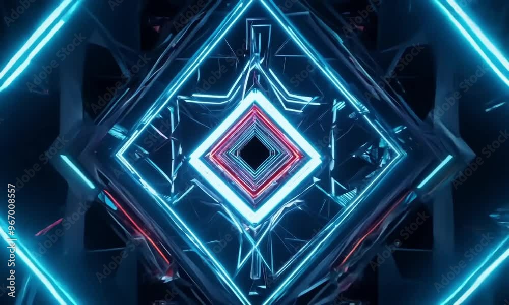 Futuristic Neon Geometric Tunnel in Cyberspace with Vibrant Blue and Red Lights