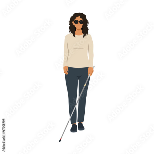 Young blind girl with a cane walking. Flat vector Character illustration