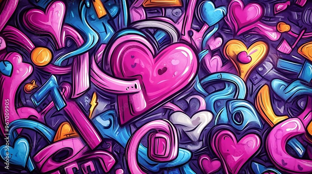 Obraz premium Abstract Colorful Graffiti Art with Hearts and Swirls