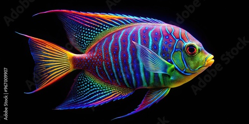 Tilted angle neon angelfish glowing vividly against pitch black background with intricate patterns and bright colors photo