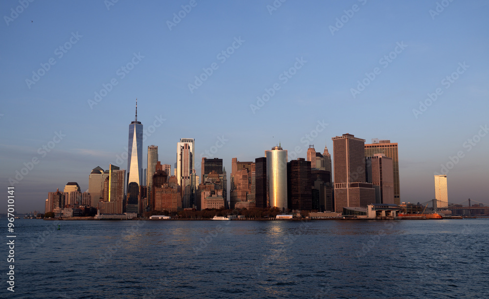 Fototapeta premium NYC, NY. New York City Skyline with Urban Skyscrapers USA. Lower Manhattan and One World Trade Center in New York City, USA as seen from Weehawken New Jersey Panoramic view on Manhattan.