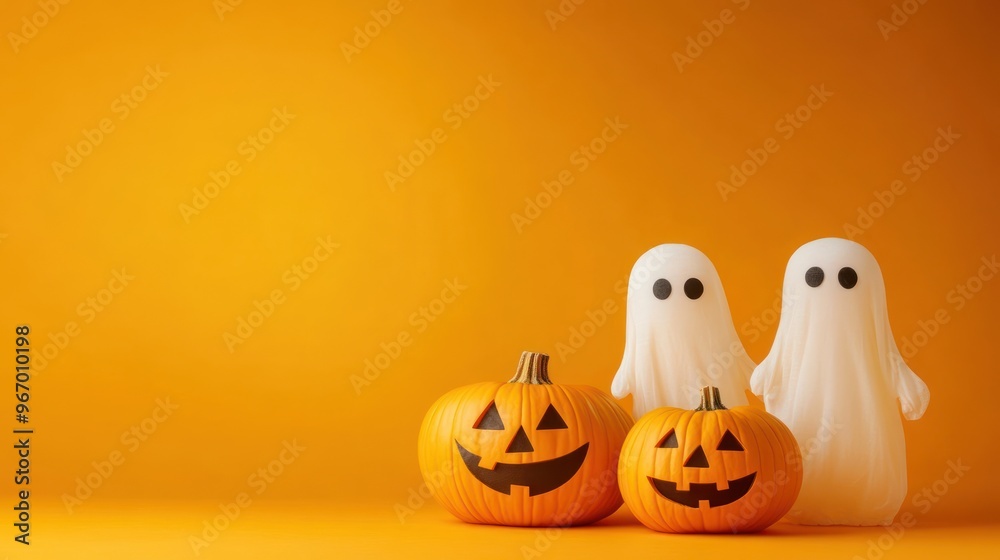 A festive Halloween scene with pumpkins and ghost decorations against an orange backdrop. A festive Halloween scene with pumpkins and ghost decorations against an orange backdrop.