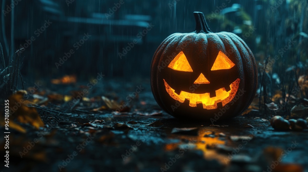 A glowing jack-o'-lantern sits on a rainy, leaf-strewn ground, embodying Halloween spirit. A glowing jack-o'-lantern sits on a rainy, leaf-strewn ground, embodying Halloween spirit.