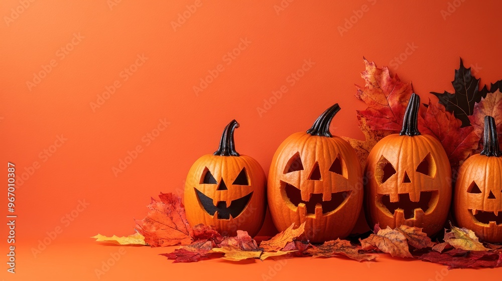 A festive display of carved pumpkins with autumn leaves on an orange background. A festive display of carved pumpkins with autumn leaves on an orange background.