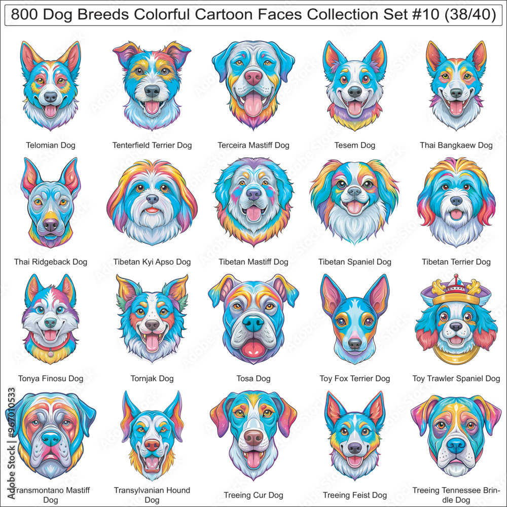 Dog Breeds Colorful Cartoon Dog Faces Collection Set of 800 Dog Faces ...