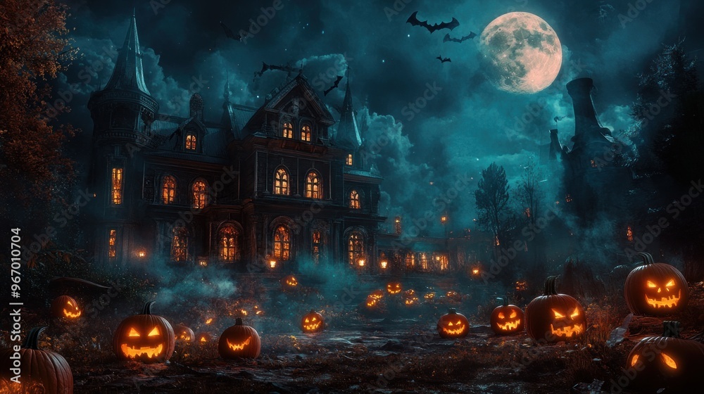 A spooky Halloween scene featuring a haunted mansion, glowing pumpkins, and a full moon. A spooky Halloween scene featuring a haunted mansion, glowing pumpkins, and a full moon.