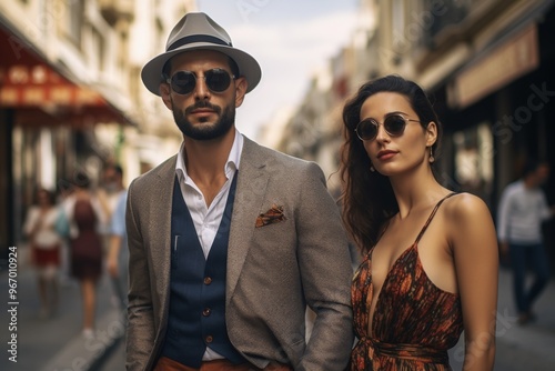 A man and a woman are standing on a street, both wearing suits and hats