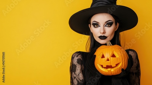 A woman in a witch costume holds a carved pumpkin against a bright yellow background.