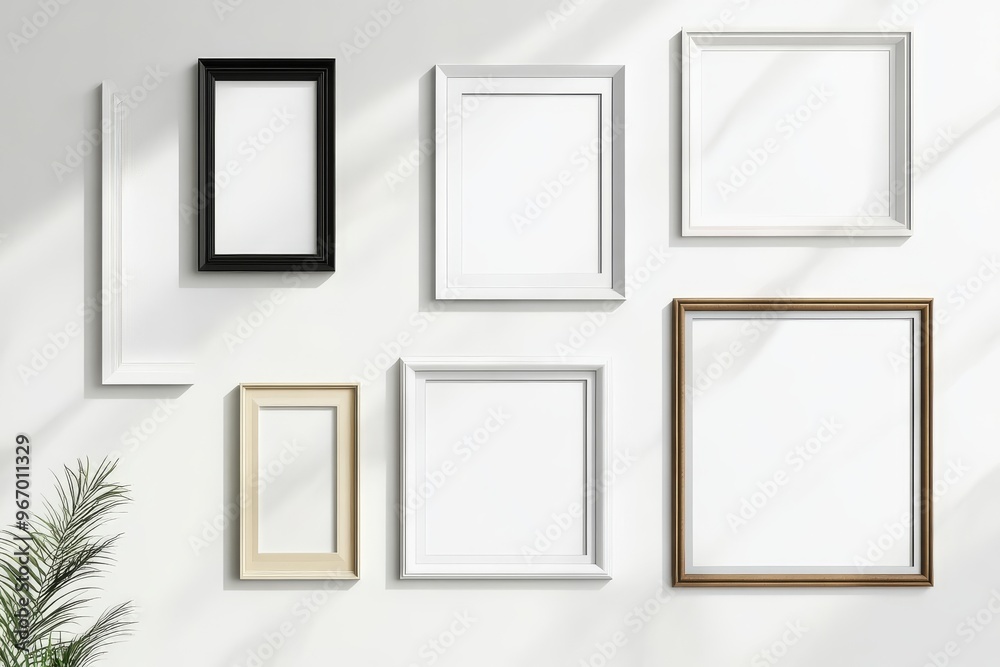 An assortment of framed mockups suspended on a pristine white surface. An assortment of framed mockups suspended on a pristine white surface.
