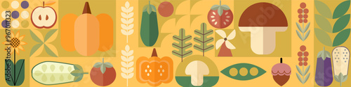 Bauhaus vegetable abstract geometric pattern. Mosaic scandinavian background. Agriculture and farming background, geometric vector print. Autumn vegetable harvest retro background.